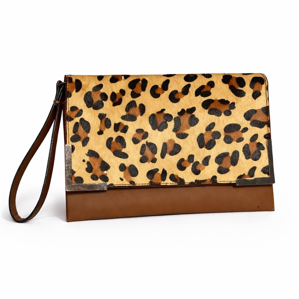 The Limited Calf- Hair Leopard Print Clutch with Brown Accents